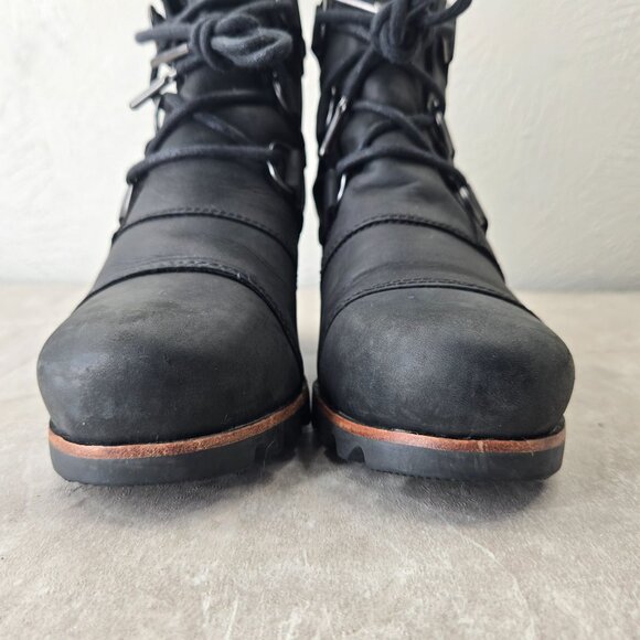 Sorel Lace Up Boots 7.5 Black Leather Chunky Block Heel Platform Combat Booties - Picture 3 of 13